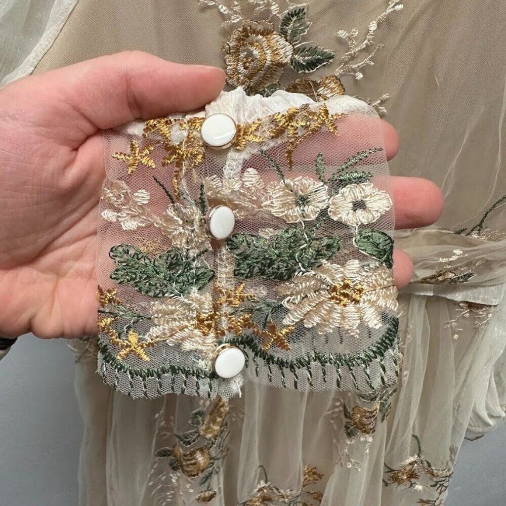 Maizishule Beige Floral Embroidered Midi Dress | Boho Sheer Long Sleeve Size L - Picture 2 of 16